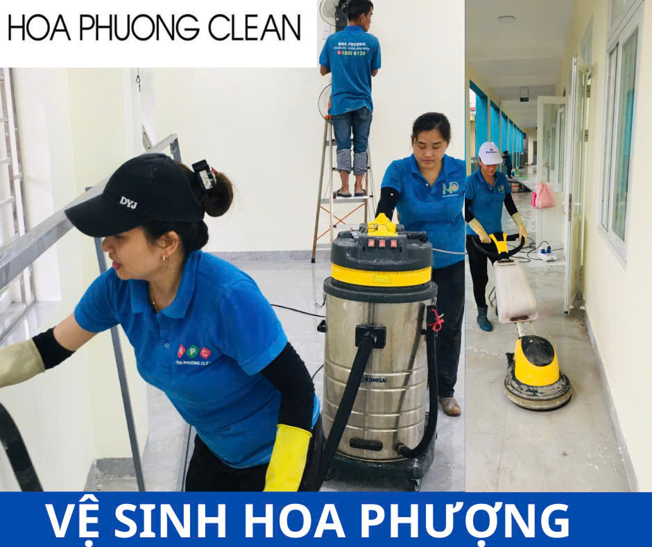 Hình ảnh nhân viên Hoa Phượng đang vệ sinh văn phòng